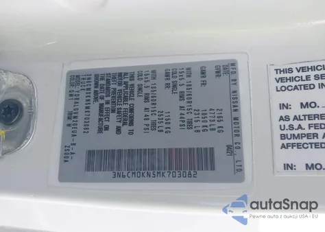 2021 Nissan Nv200 Compact Cargo Sv Xtronic Cvt z USA, uszkodzony, nr VIN 3N6CM0KN5MK703082